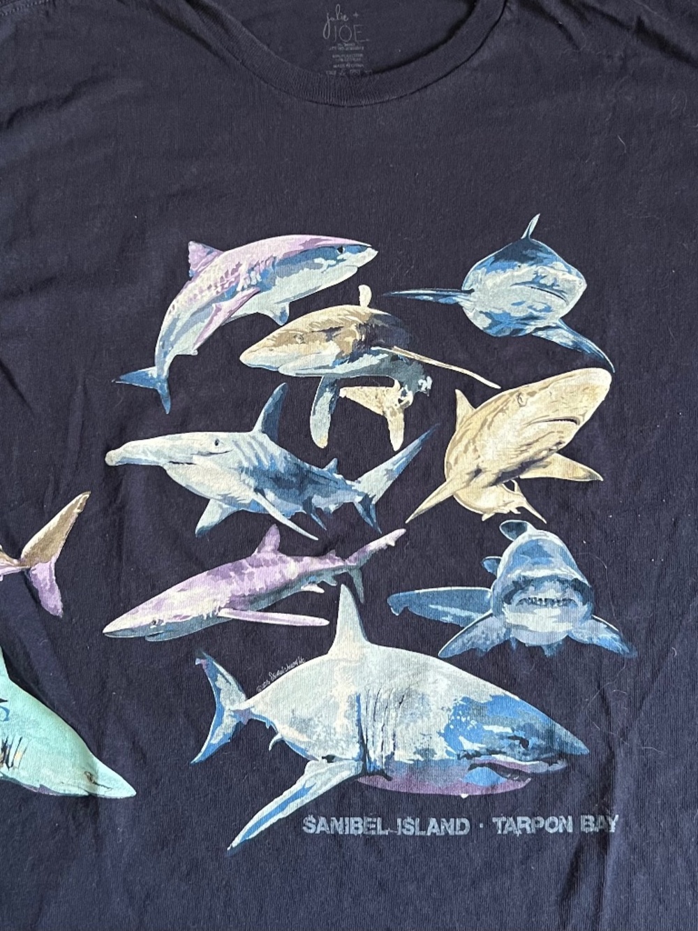 Vintage Sanibel Island Tarpon Bay Florida Shark Species Graphic Navy T Sz 14-16